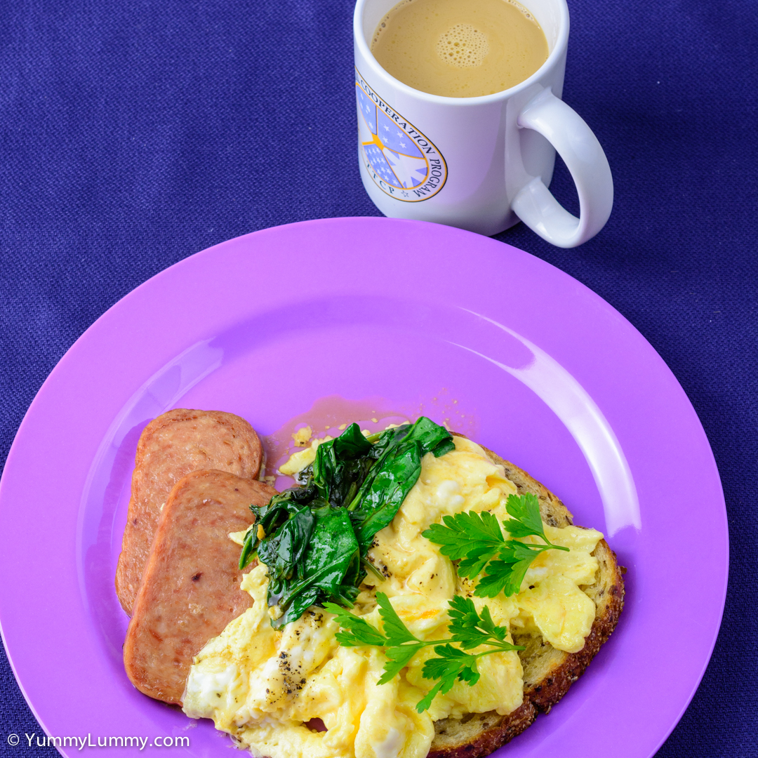 Spam with scrambled eggs and wilted spinach leaves NIKON D7100 with 40.0 mm f/2.8 at 40mm and f/8, 1/60sec, ISO 400